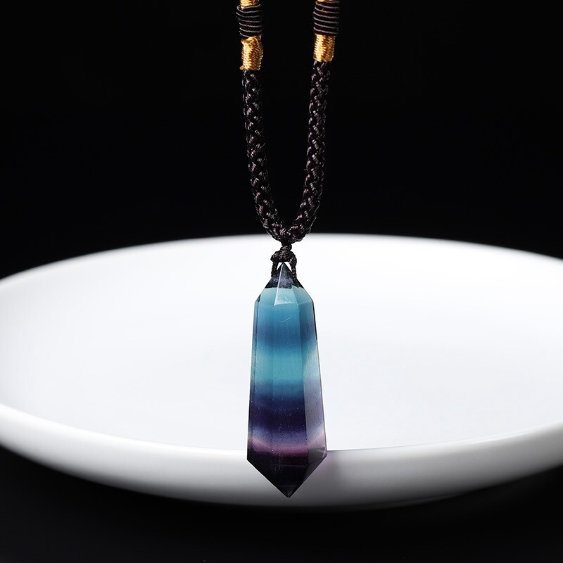 Natural Rainbow Fluorite Quartz Crystal Pendant Healing Stone Necklace Pendulum