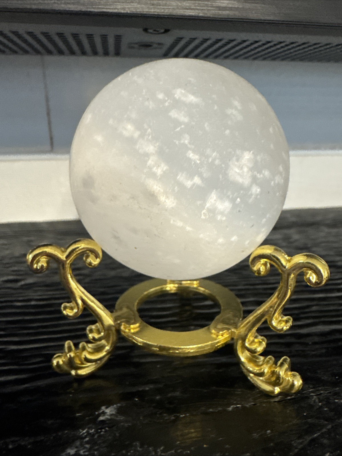 Selenite Crystal Sphere On Gold Metal Stand 226 Grams 22 mm