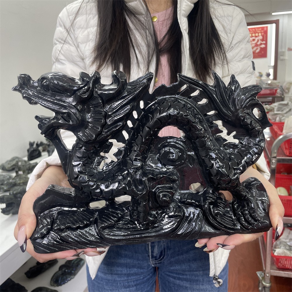 8.2LB 11.2″Natural Black Obsidian Dragon Crystal Healing Decor Ornament Reiki