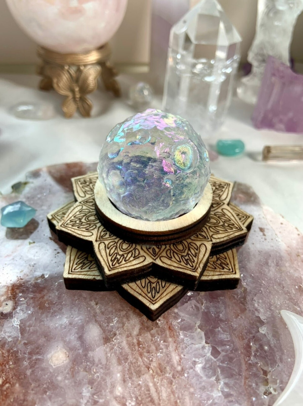 2025 Angel Aura Quartz Full Moon Crystal Healing Carving Sphere Home Decor Gifts