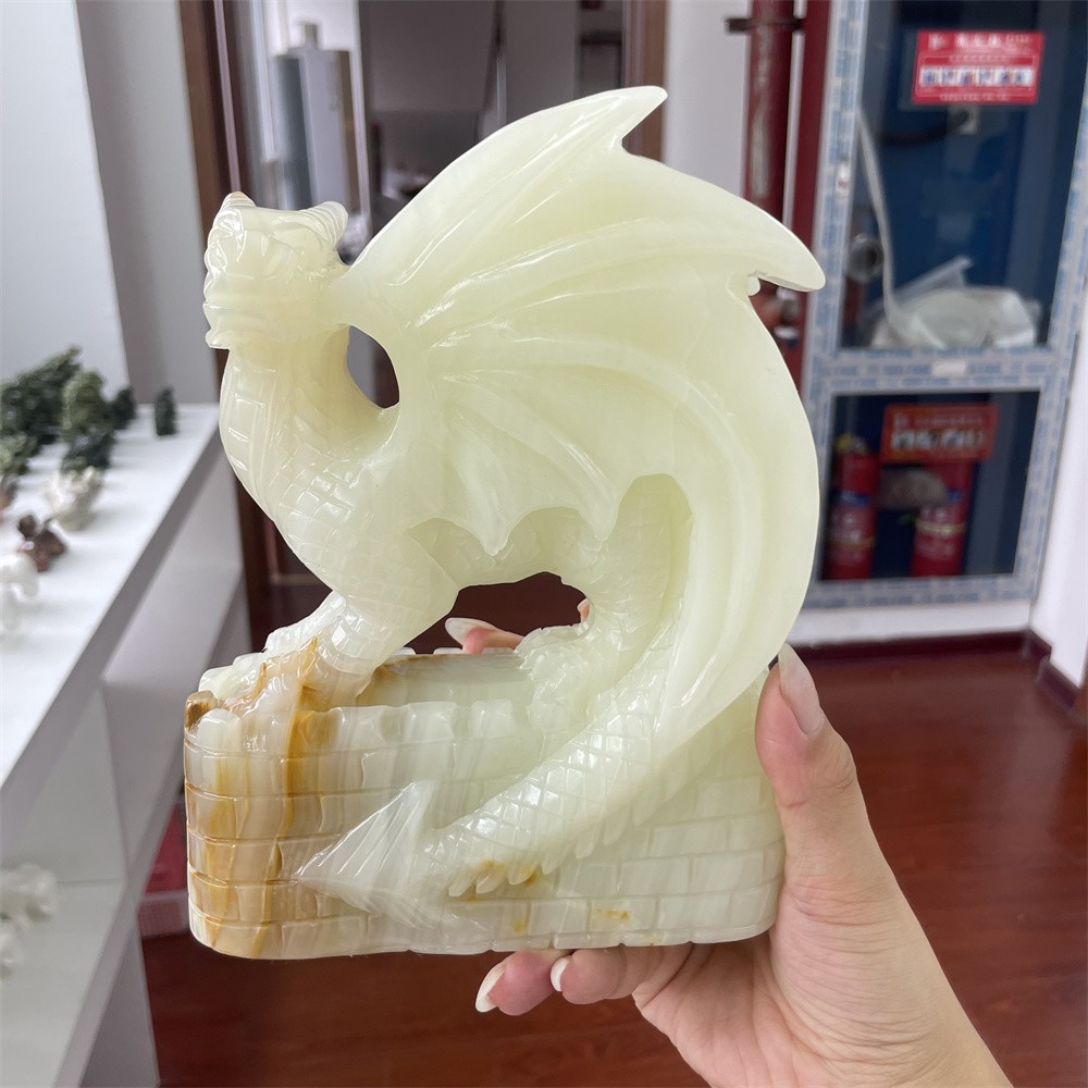 5LB 7.4″ Natural Afghan Jade Castle Flying Dragon Crystal Quartz Reiki Carving