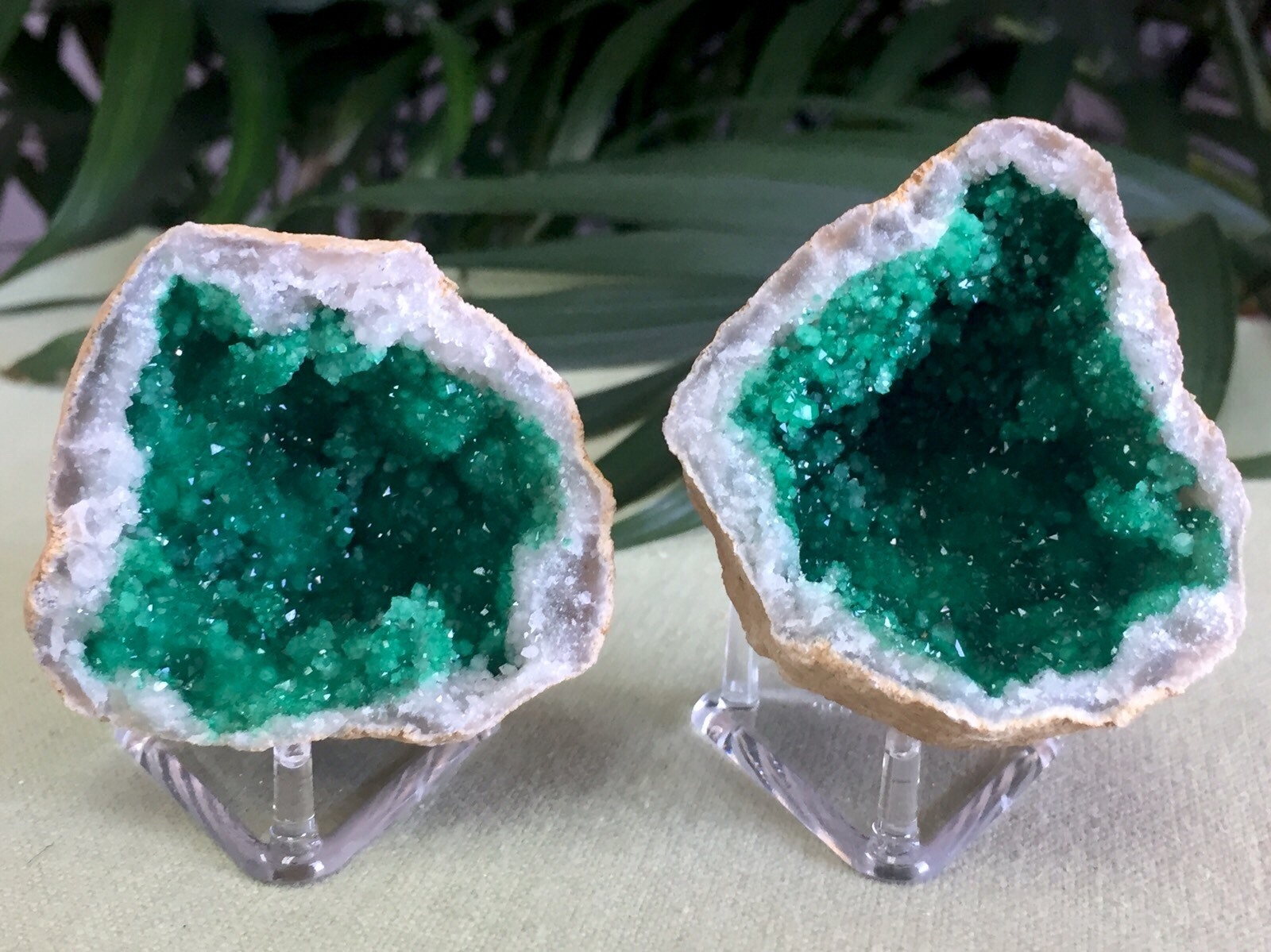 Green Geode Pair Geode Crystal Quartz Druze Specimen Morocco Geode Half