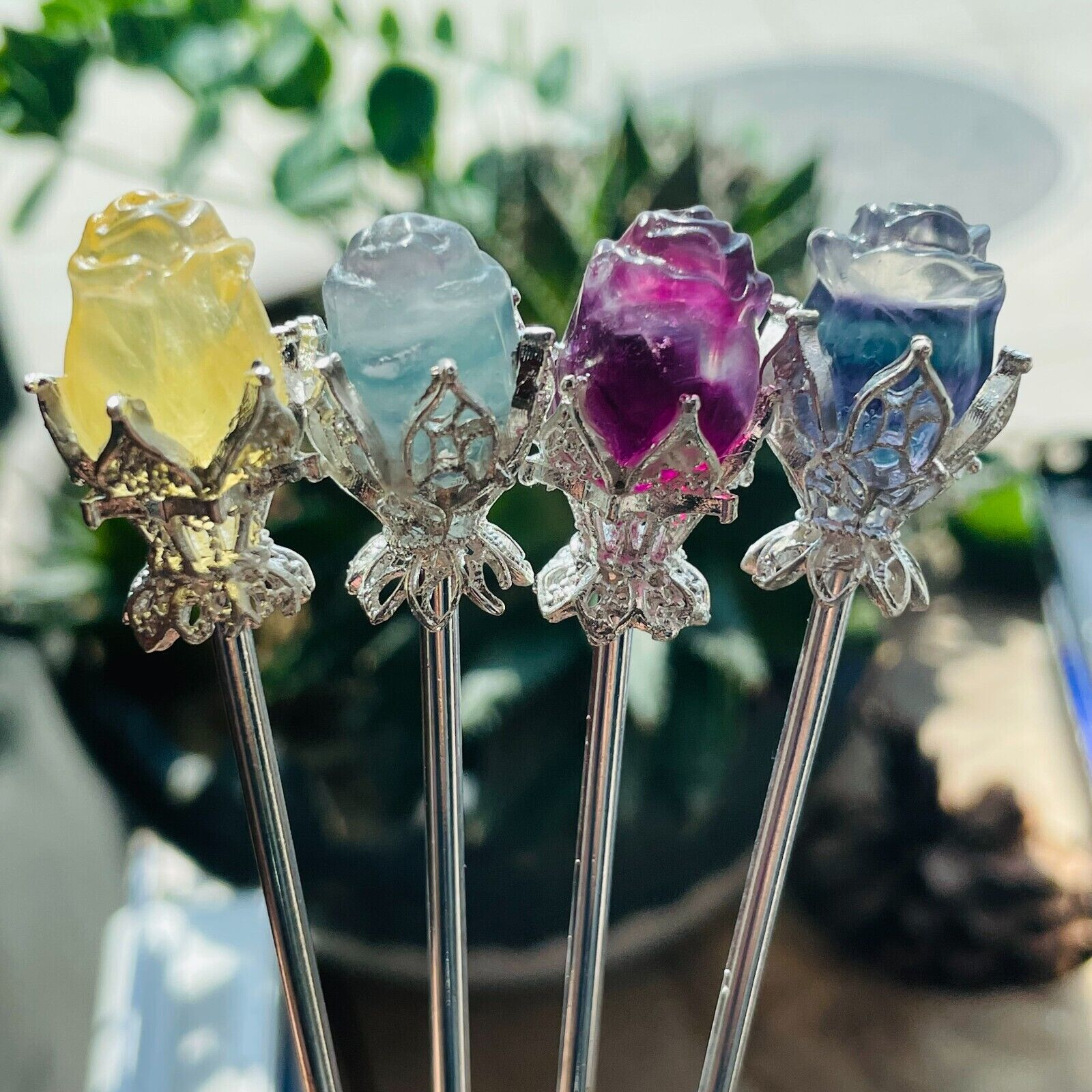 5pc Natural Fluorite Carved Flower Rose Hairpin Quartz Crystal Reiki Healing