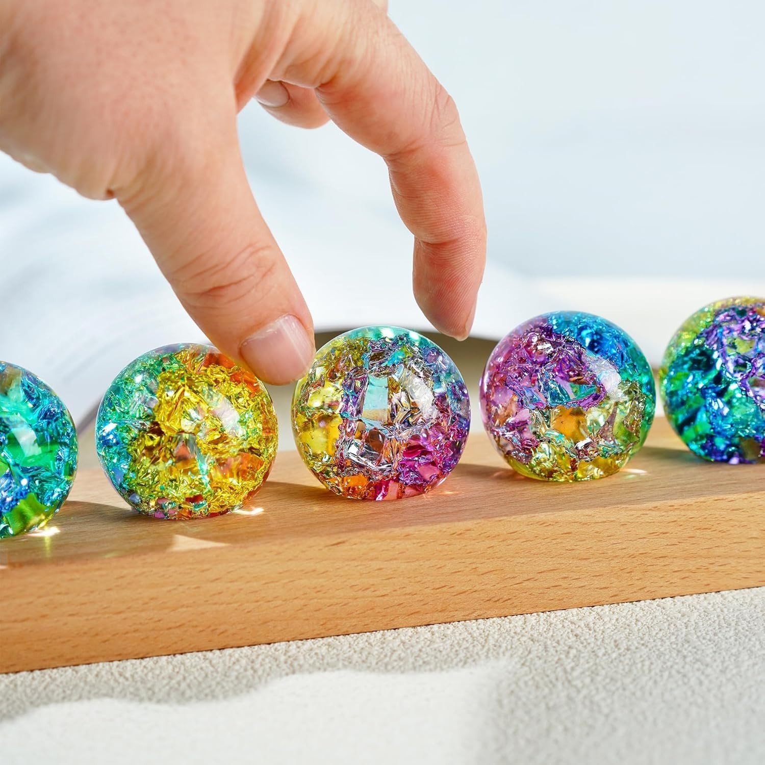 7pc Colorful Glass Healing Spheres with LED Wooden Stand Night Light