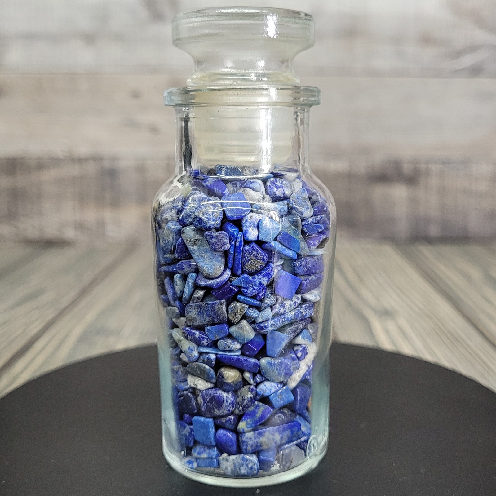 1/4lb Lapis Lazuli Crystal Tumbled Chips in Apothecary Vintage Glass Jar Wagner
