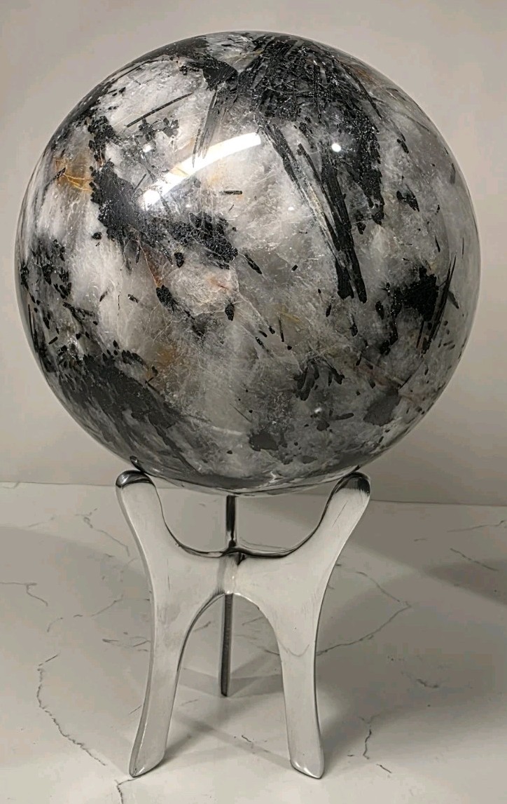 16.8LB 7″ Huge Tourmalinated Quartz Sphere Black Tourmaline Crystal Orb / Stand
