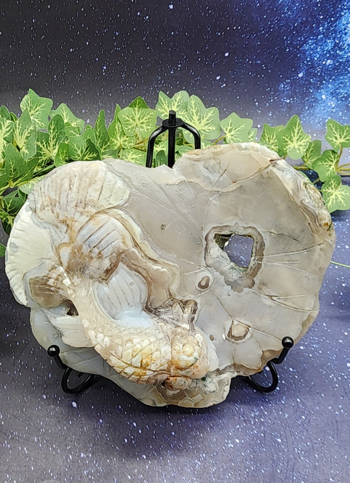 Flower Agate Koi Fish On Lily Pad Carving Unique Handcrafted Crystal Art /Stand