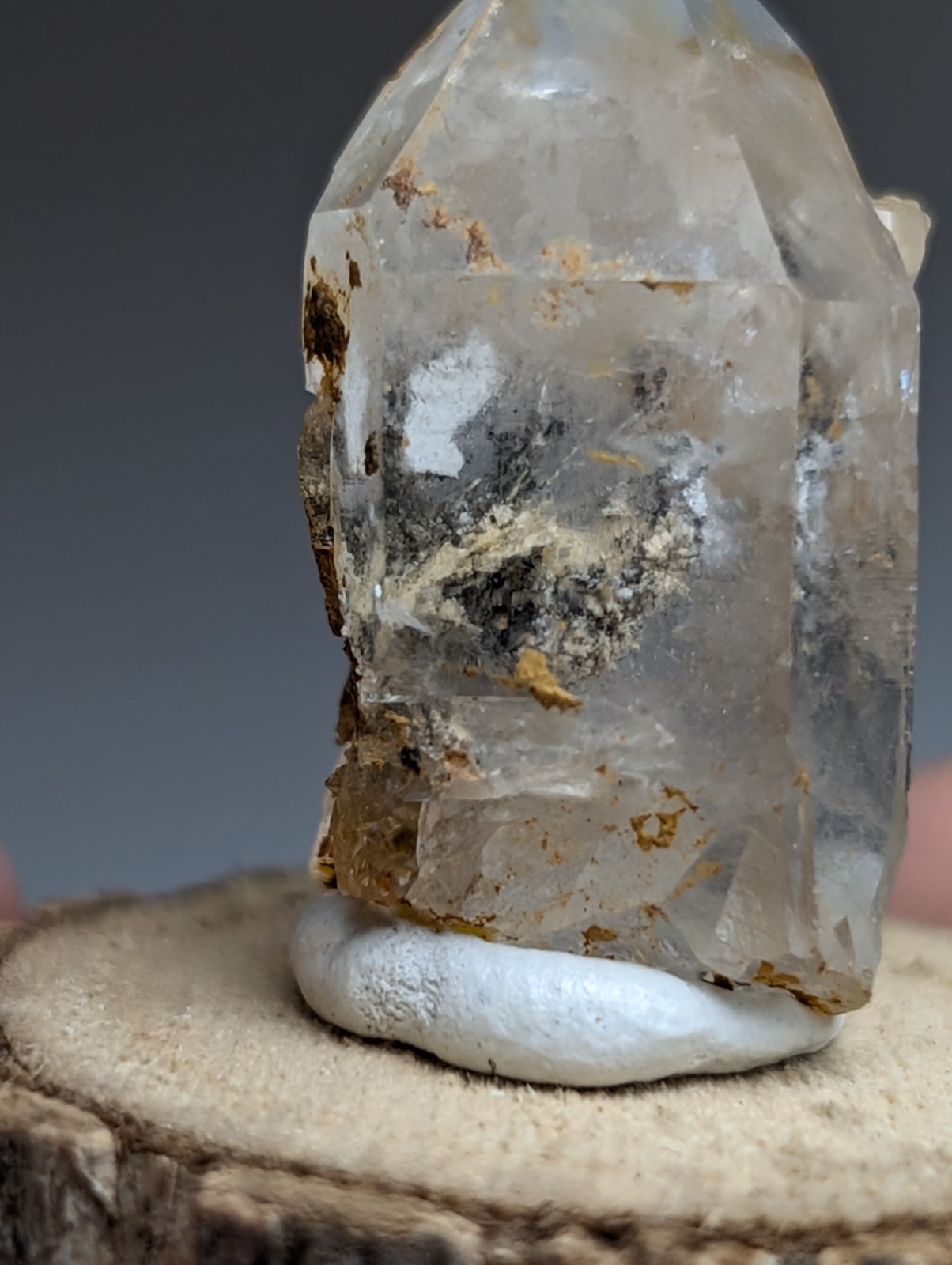 Nacrite + Manganese included Quartz Crystal Point, Arkansas, w/ wood base