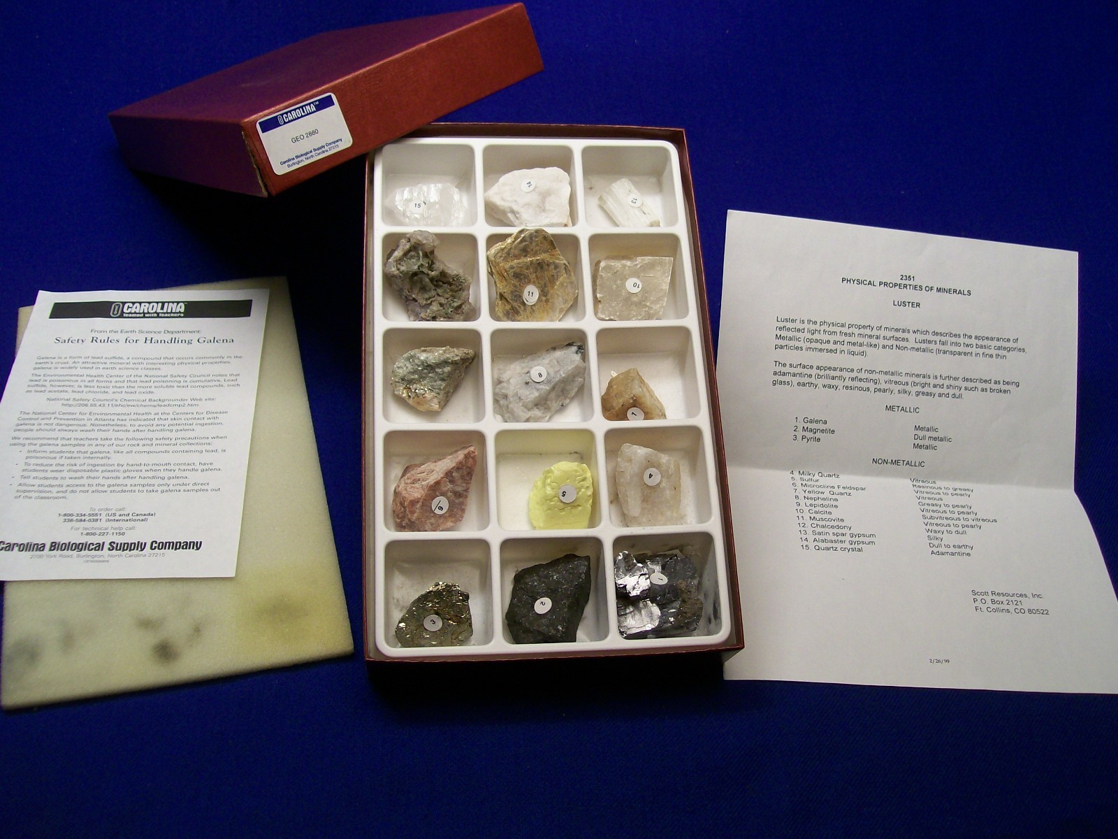 Carolina Biological Supply Company No. GEO 2880 Complete 15 Mineral Sample Kit