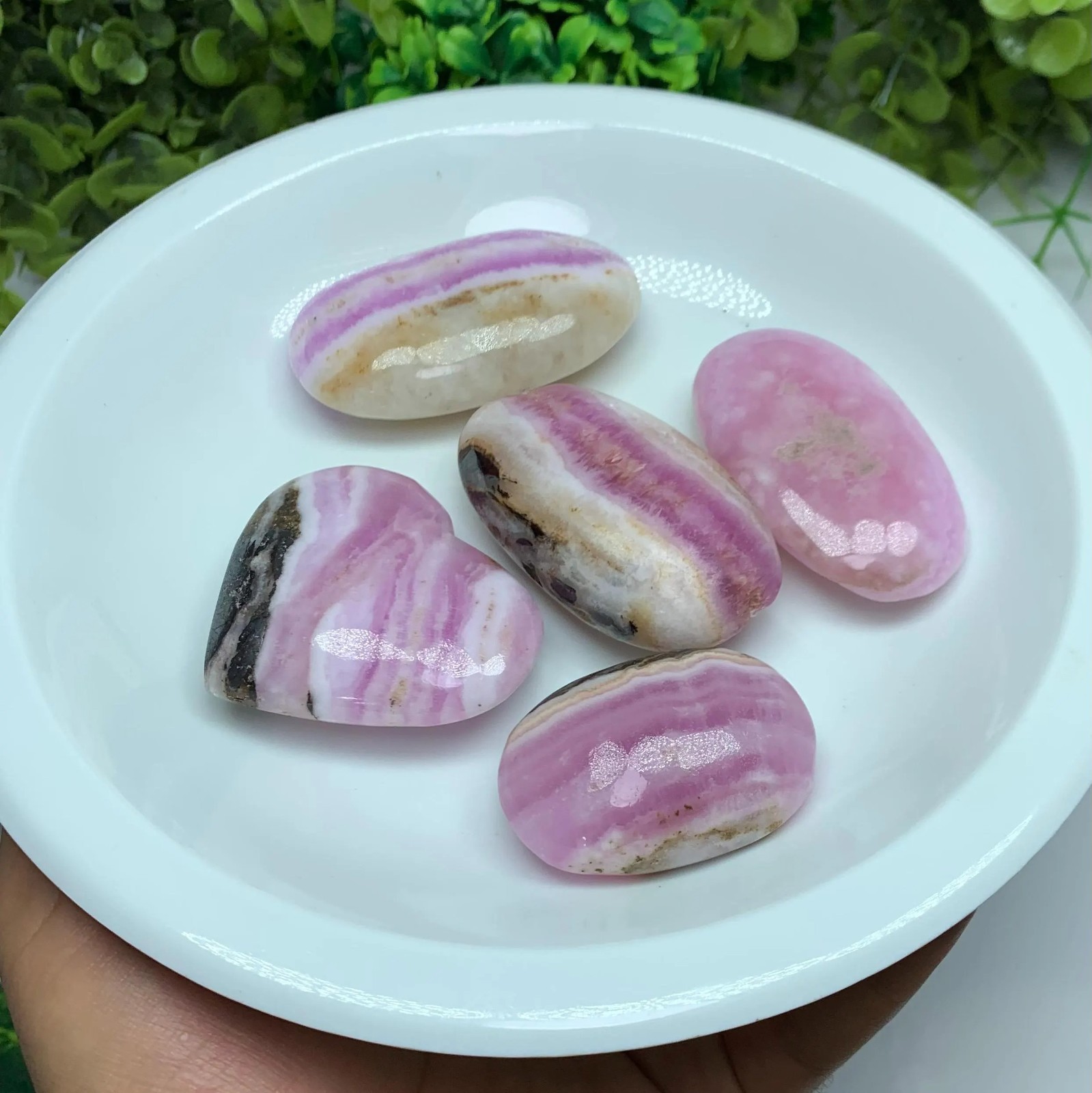5 Pieces Top Quality Pink Aragonite Palm Stone And Heart, Pink Aragonite Stone
