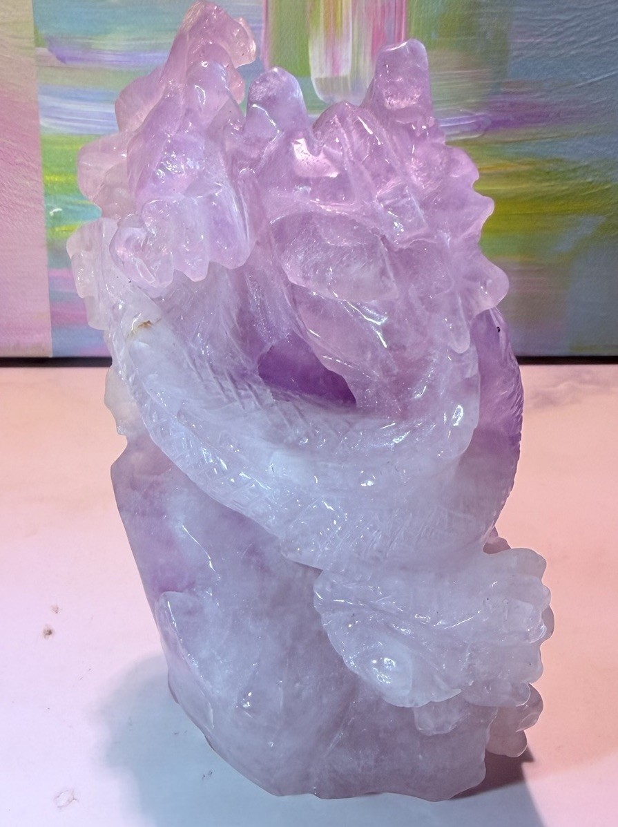 Purple Carved Crystal Dragon Sculpture Mineral Display Specimen Statue 6 in Tall
