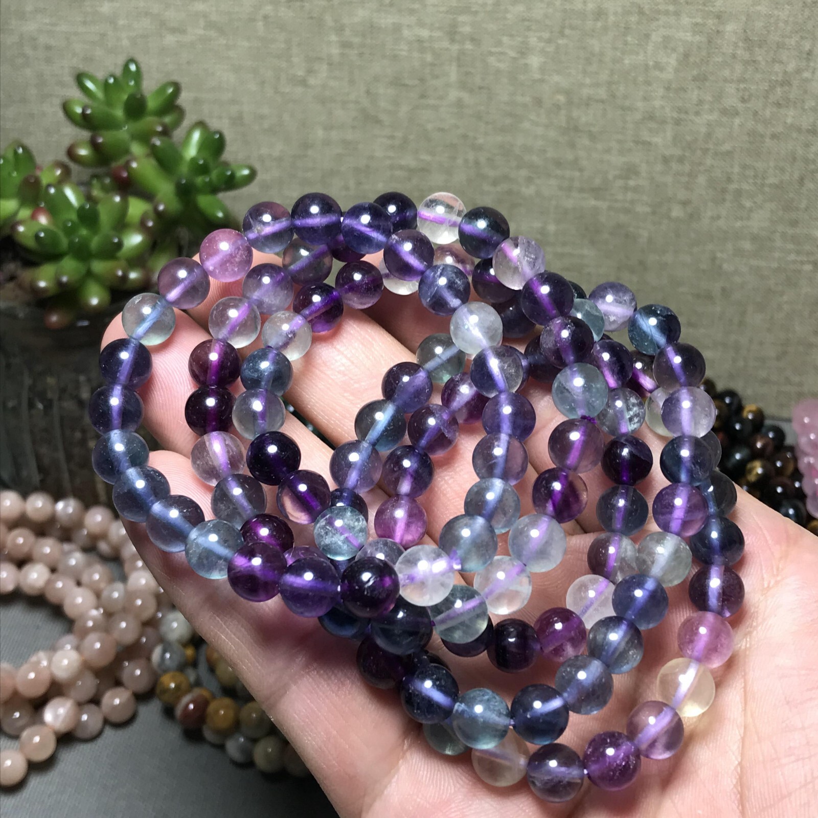 5Pcs Wholesal Natural Polish Rainbow color Fluorite crystal bracelets ball 8mm