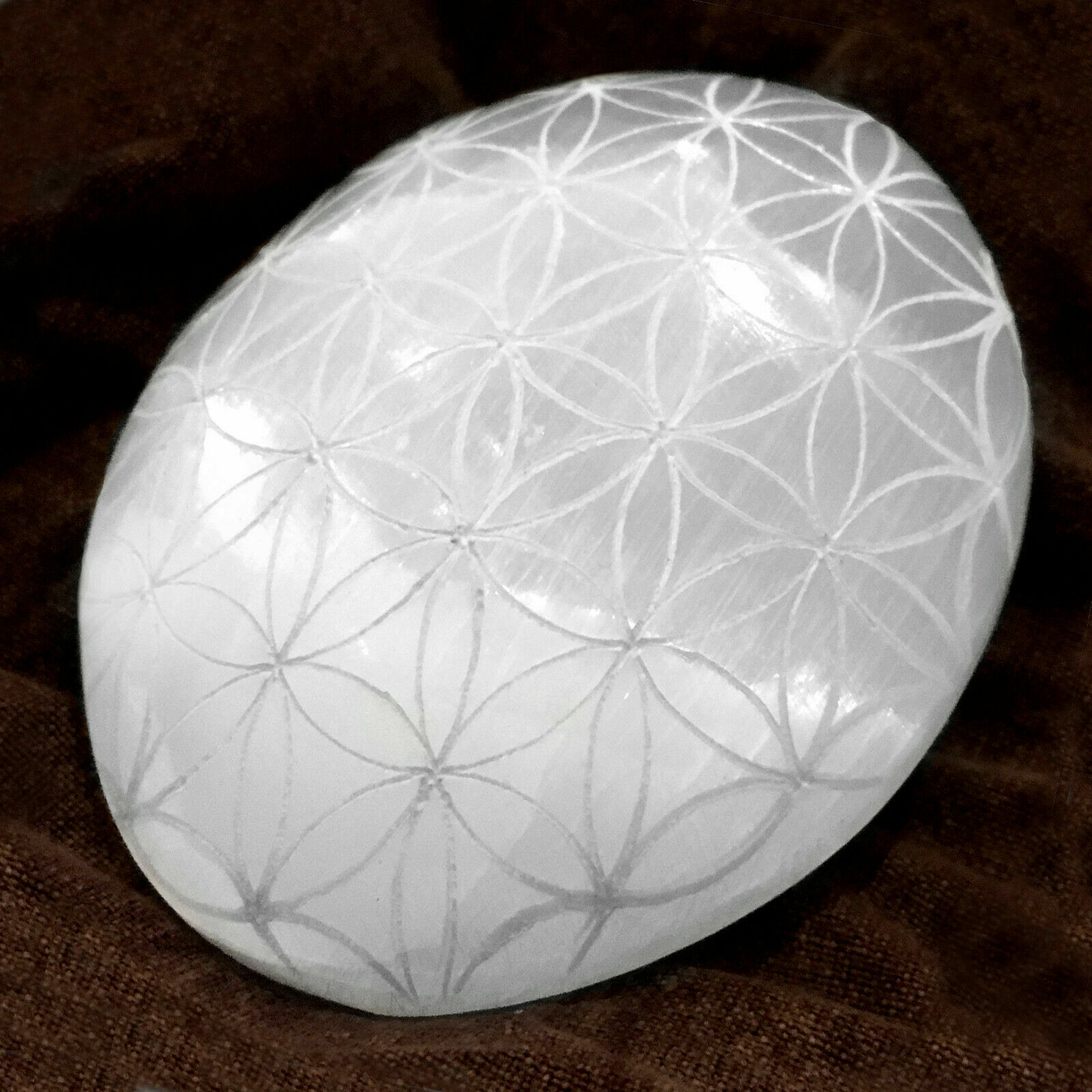 Selenite Palm Stone Etched Flower of Life Crystal Sacred Geometry Worry Stone He
