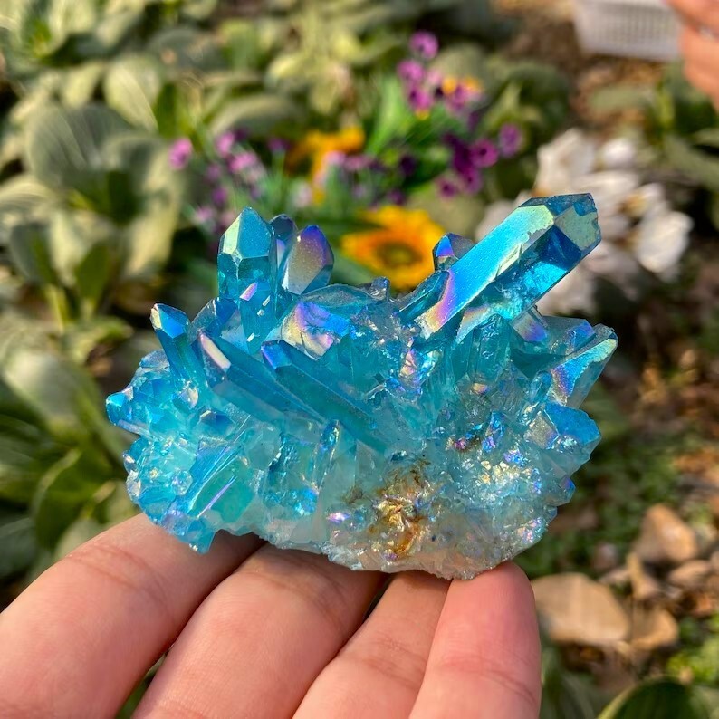 80-100g Titanium Aura Blue Crystal Rainbow Healing Cluster Geode Rock Decor Gift