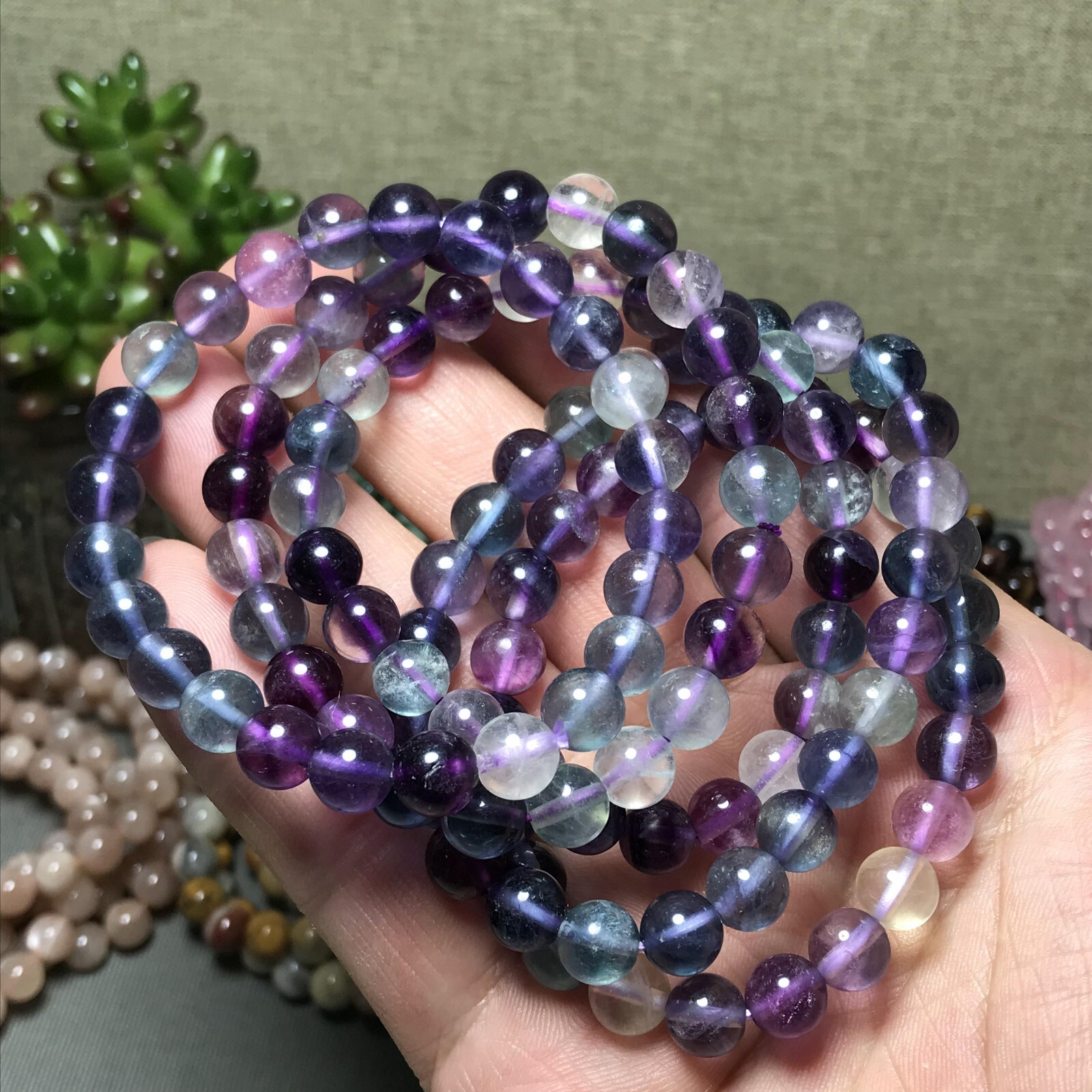 5Pcs Wholesal Natural Polish Rainbow color Fluorite crystal bracelets ball 8mm