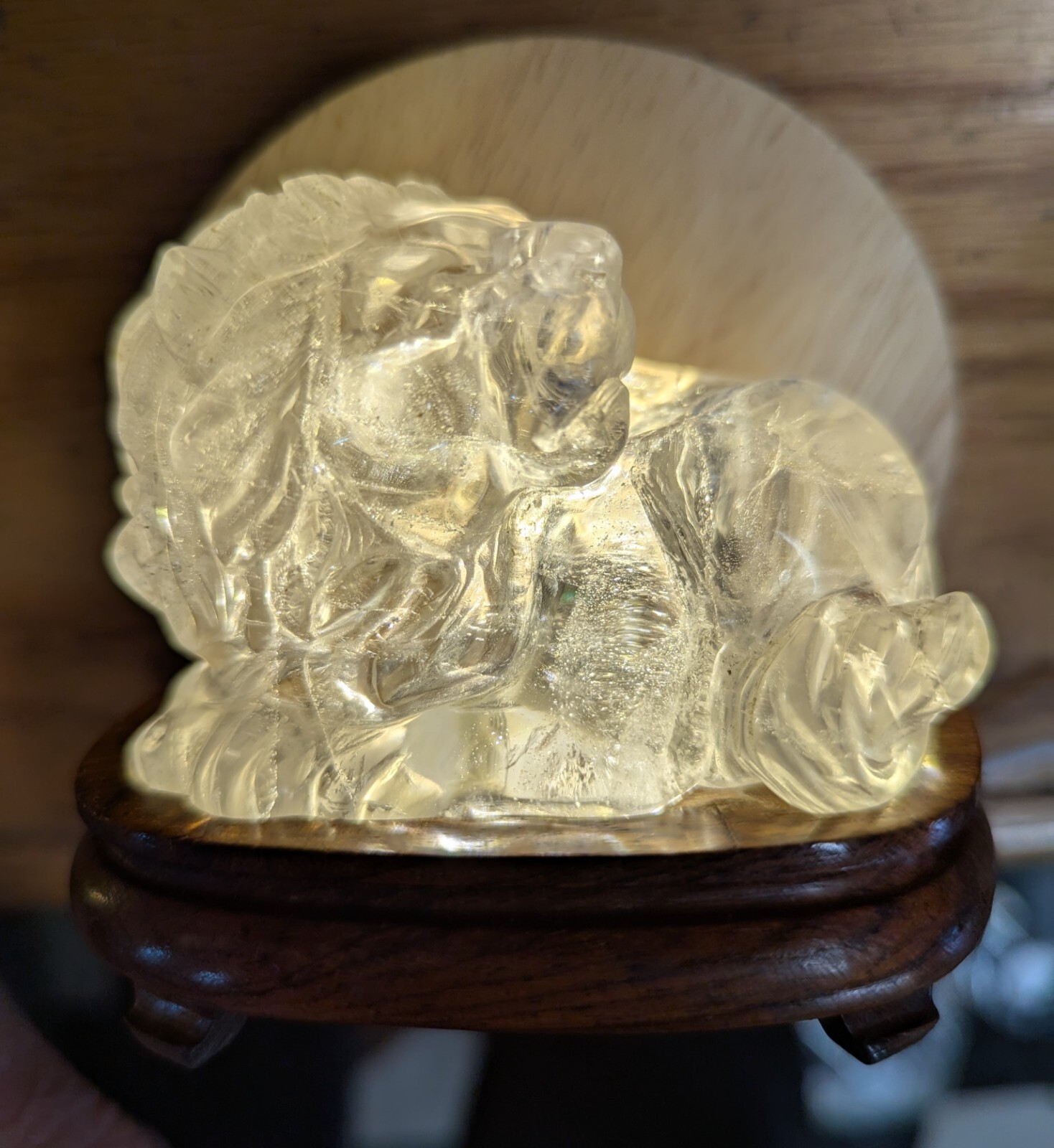 Clear quartz CRYSTAL carved LION with Cherry Wood stand Natural Mineral specimen