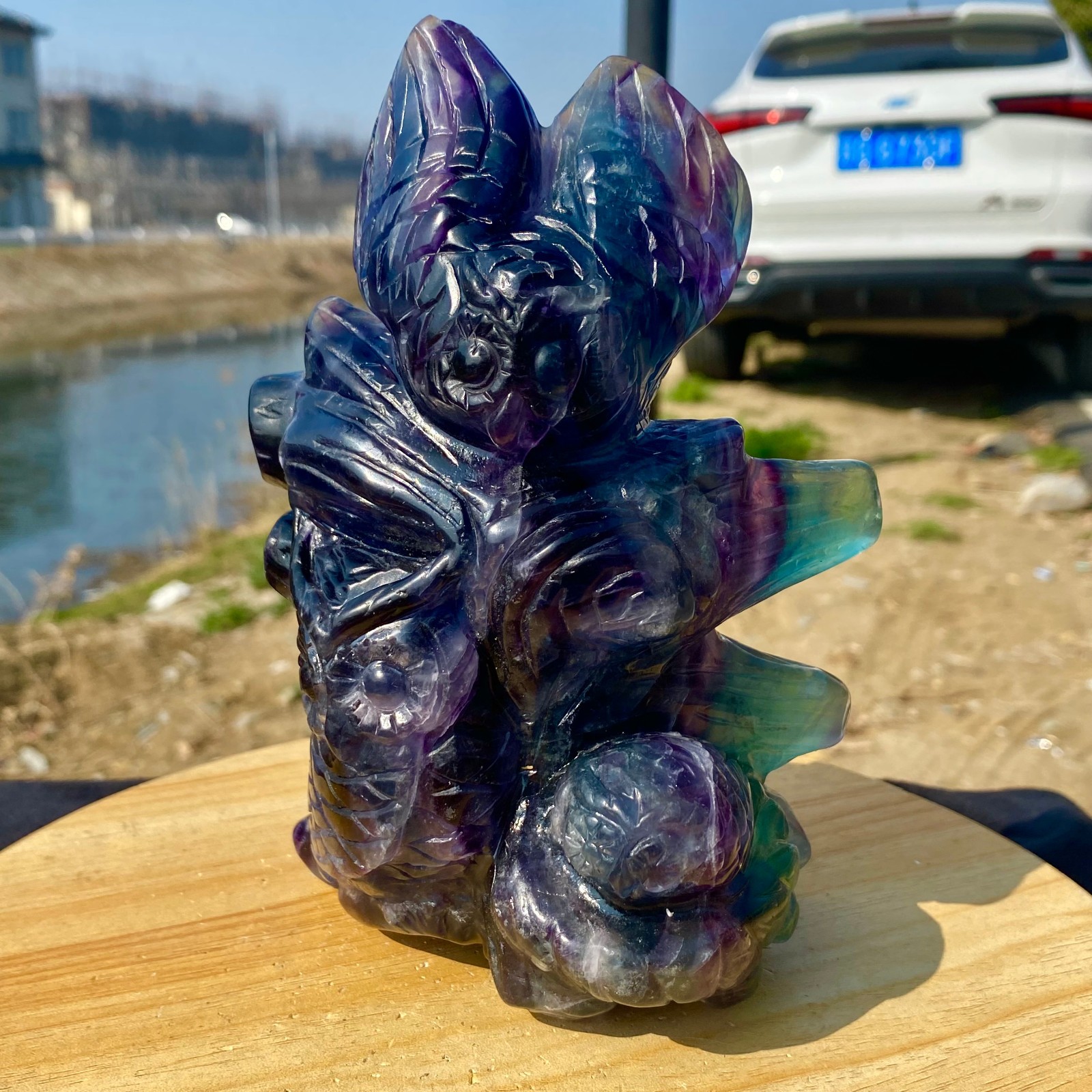 3.63LB Natural Fluorite Quartz Owl Sculpture Hand Carved Crystal Reiki Energy