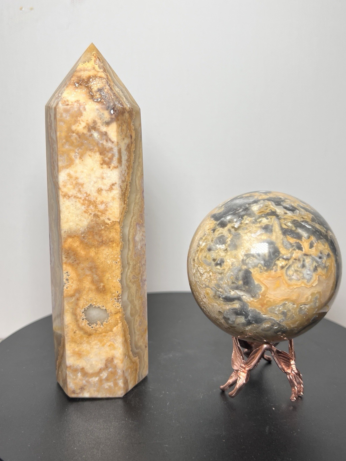 Crazy Lace Agate 2 Piece Set – Tower & Sphere w/holder 65mm