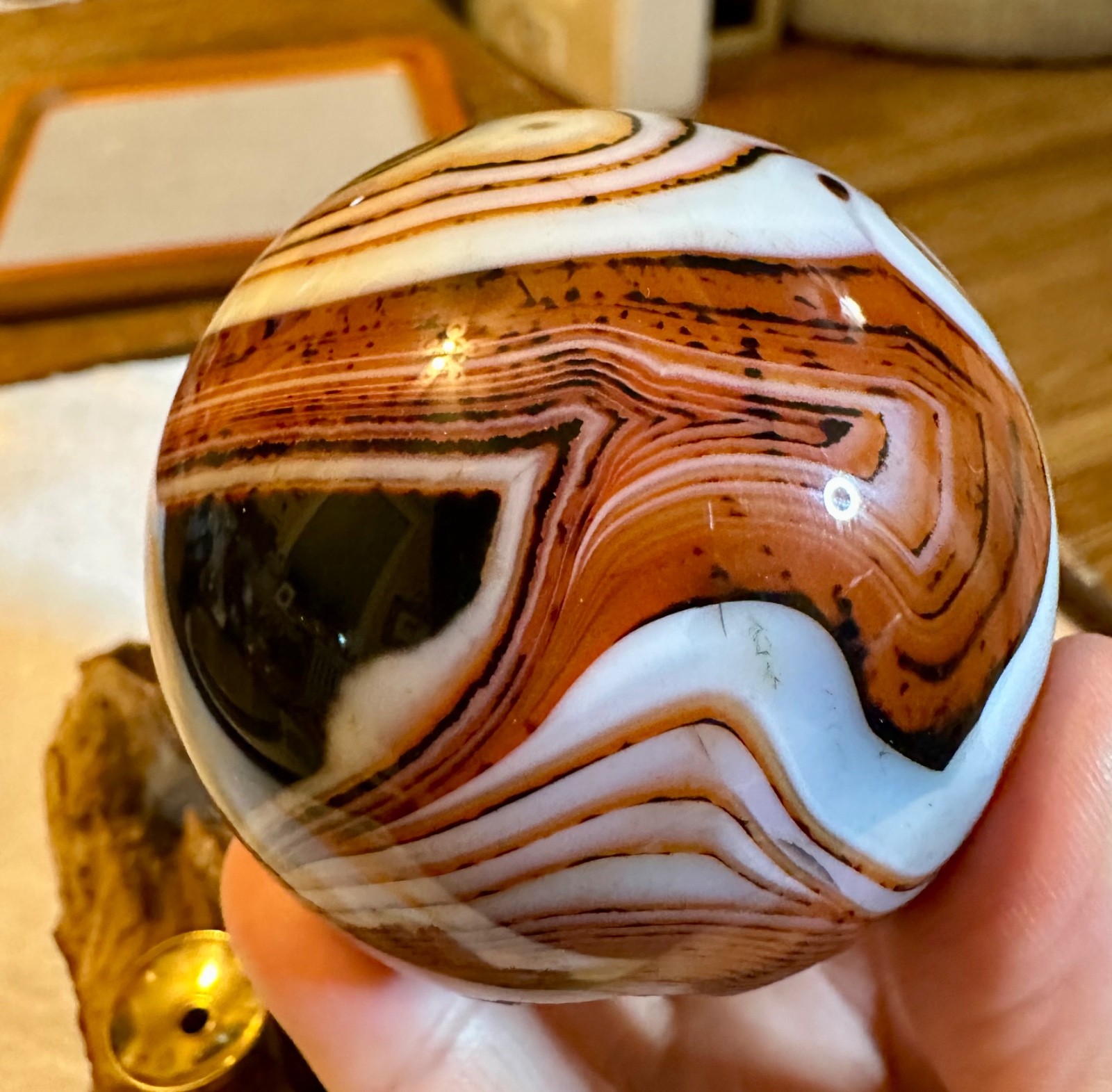 Fantastic carnelian red crystal sphere with natural wooden stand Free shipping!