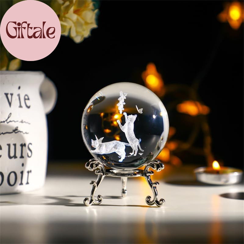 60Mm Crystal Ball with Stand – Laser Engraved Cat Sphere 3D Glass Ornament & Pap