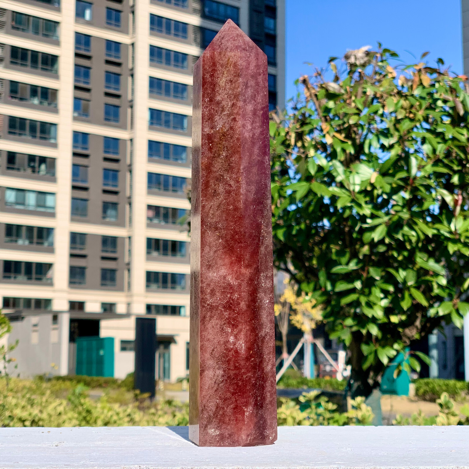 2.02LB Natural Large Strawberry Quartz Crystal Tower Point Obelisk Red Chakras