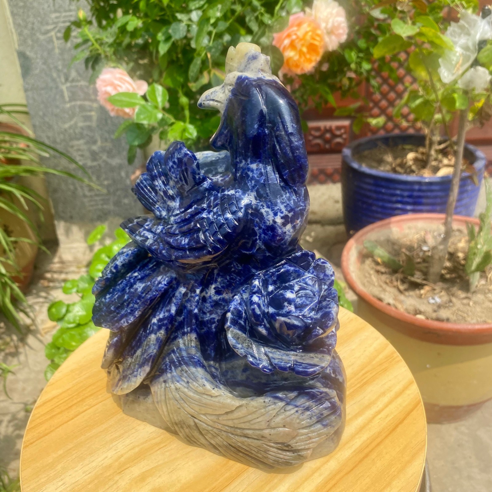 6.17LB Natural Blue Vein Stone Phoenix Carving, Home Decoration