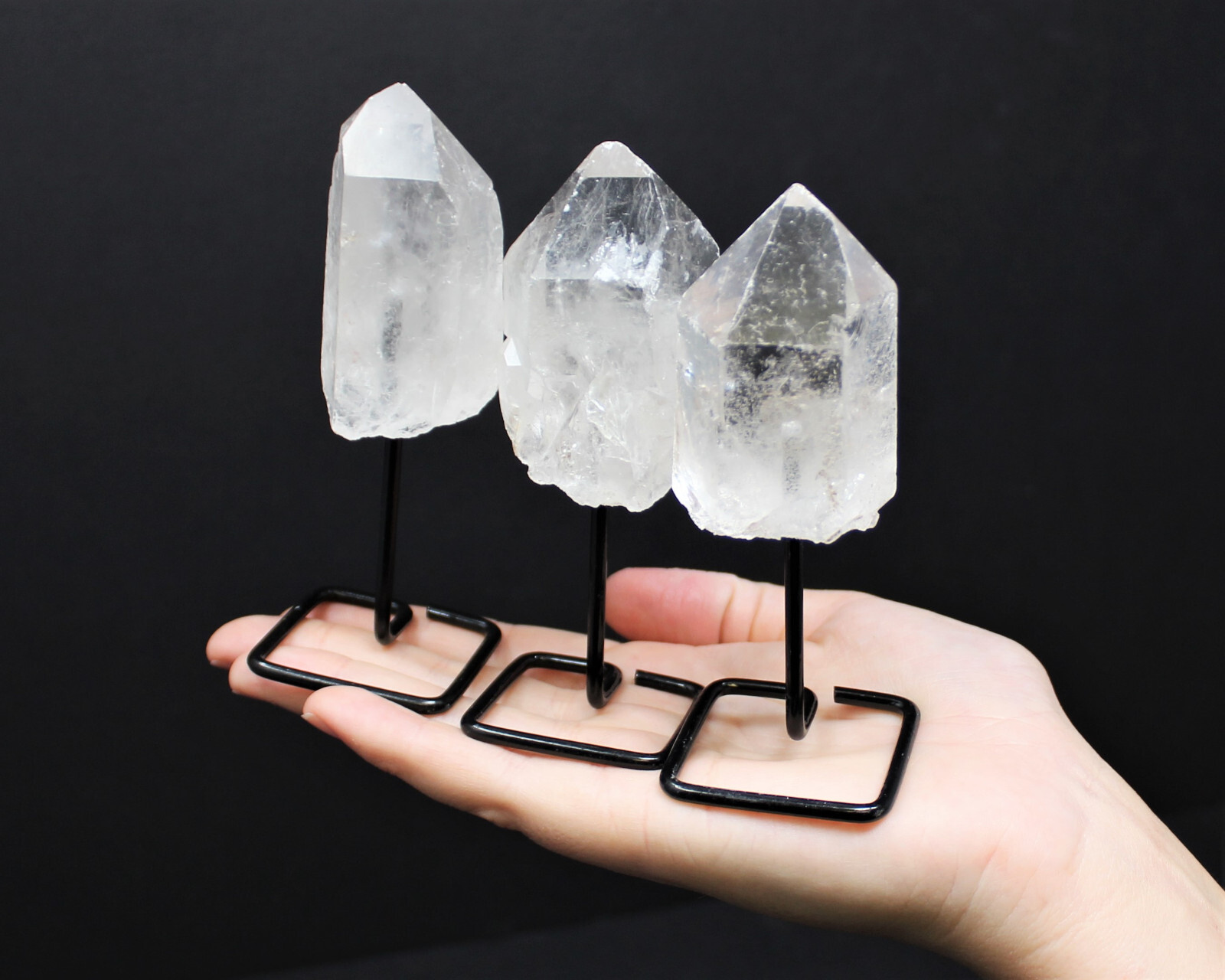 Clear Quartz Point On Metal Stand, Clear Quartz Min Pin (Clear Quartz Crystal)