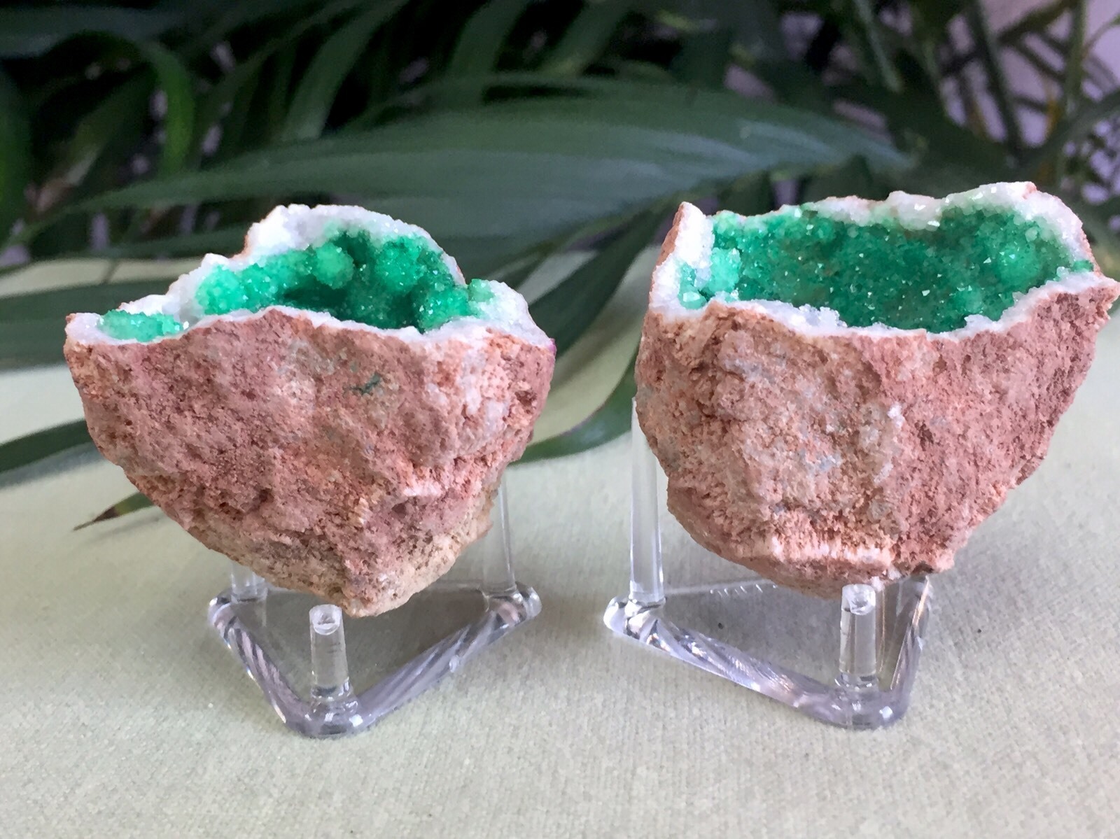 Green Geode Pair Geode Crystal Quartz Druze Specimen Morocco Geode Half
