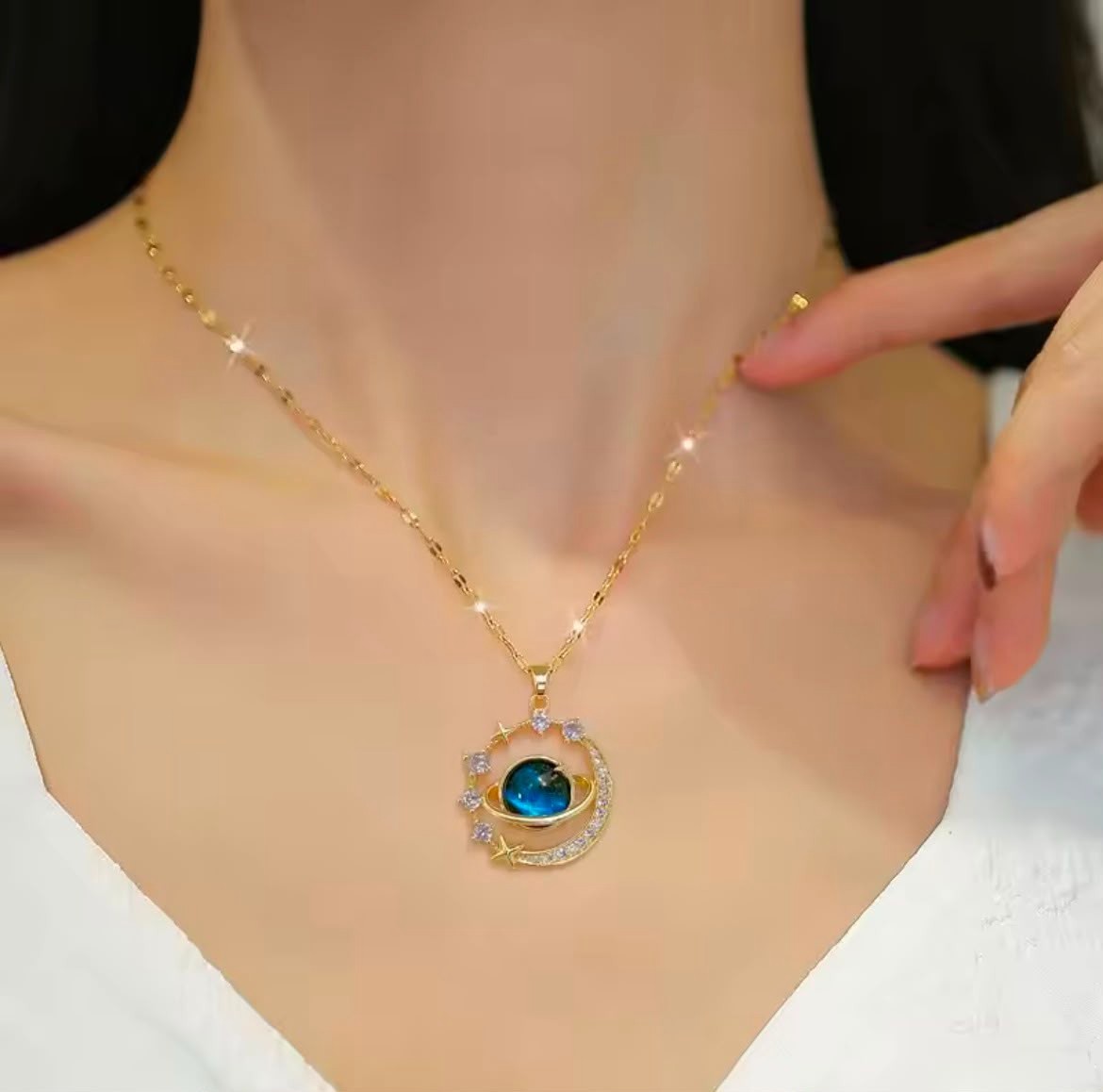 Celestial Galaxy Necklace Gold Planet Pendant Moon Star Jewelry Gift Women Girls