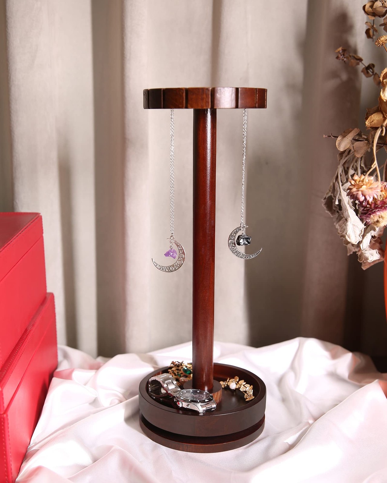Moon Phase Pendulum Display Stand with Tray, Wood Wiccan Rotating Crystal Hol…