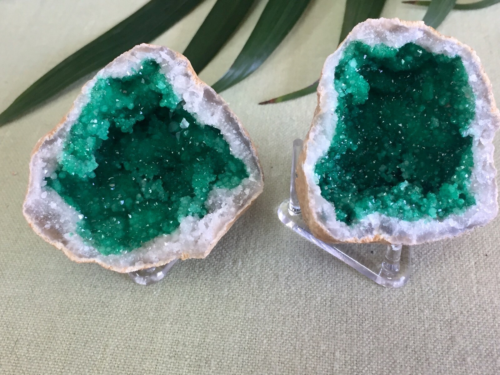 Green Geode Pair Geode Crystal Quartz Druze Specimen Morocco Geode Half