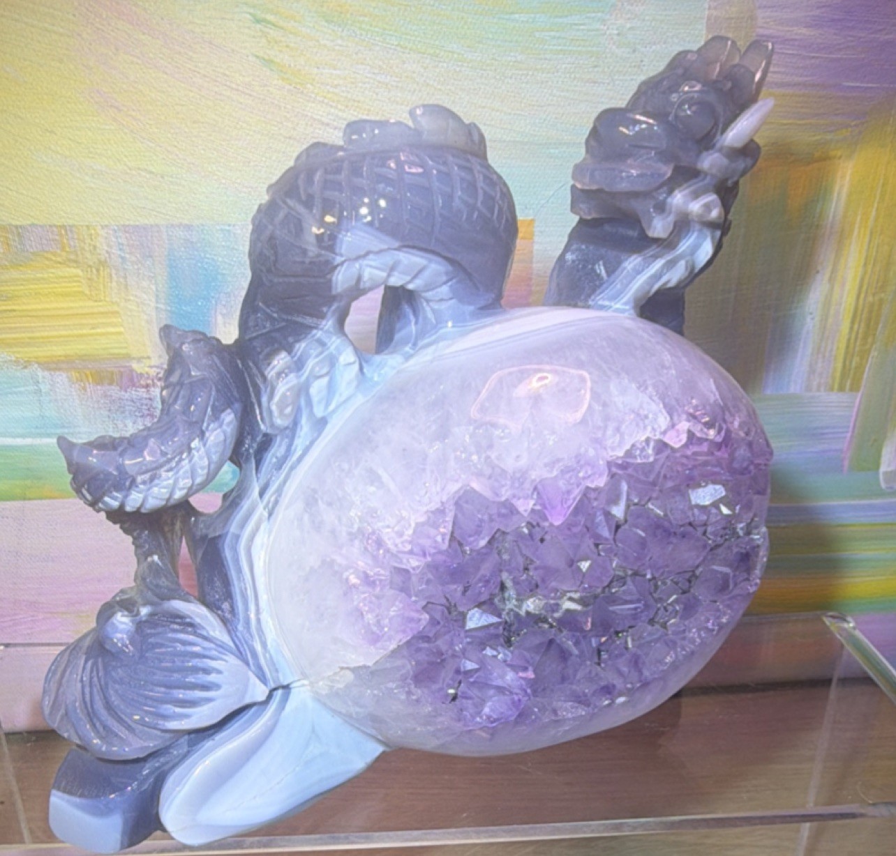 Carved Dragon Stand with Purple Amethyst Druzy Geode Crystal Egg Sphere