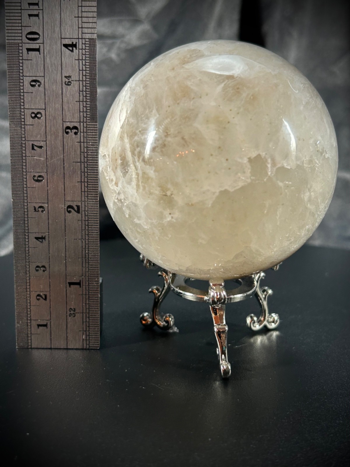 3″ Milky Lodolite Quartz Sphere With Metal Stand 1lb 6.1oz (626 grams) Druzy