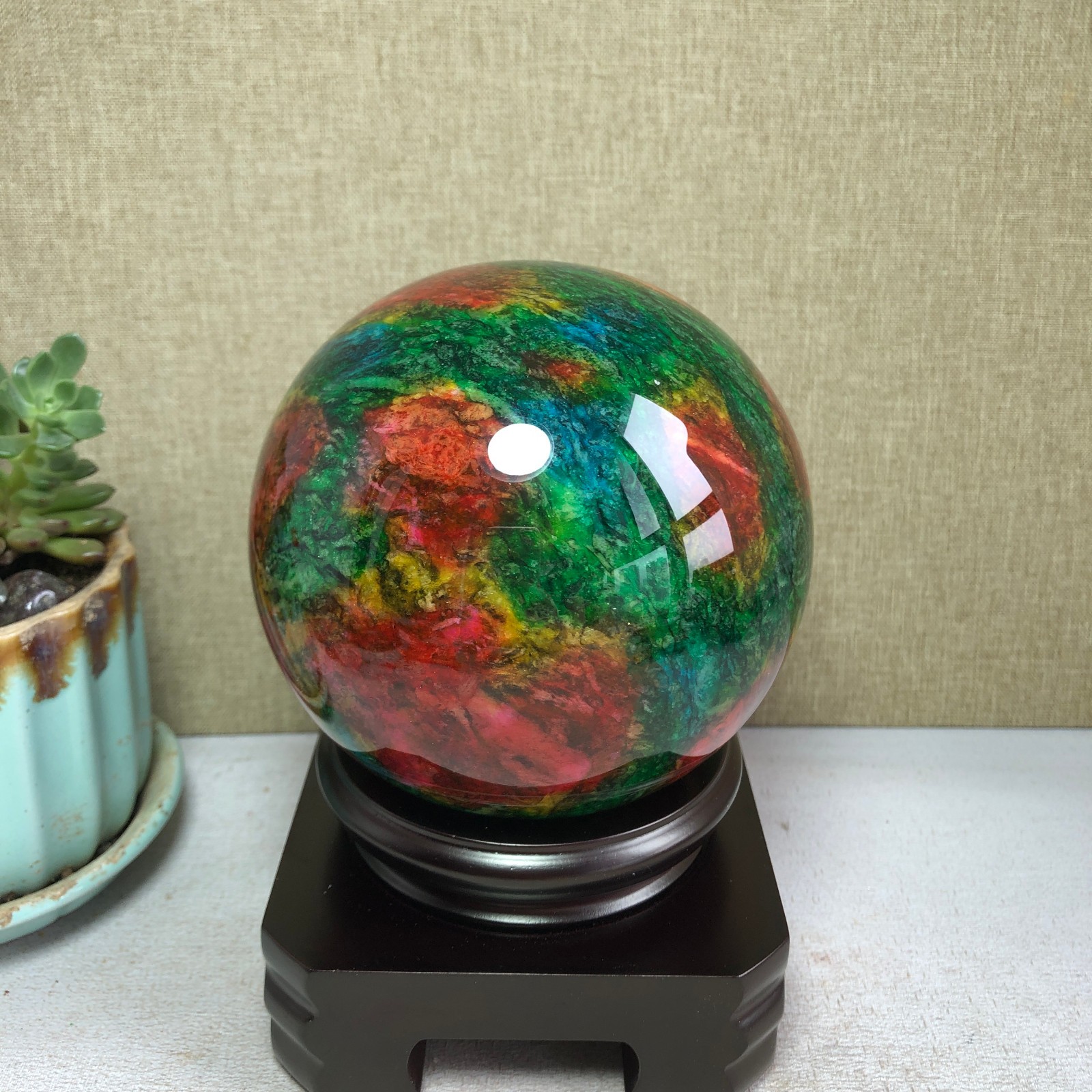 Natural “Seven Colors Jade” sphere flat bottom specimen Taiwan China 99mm A4581