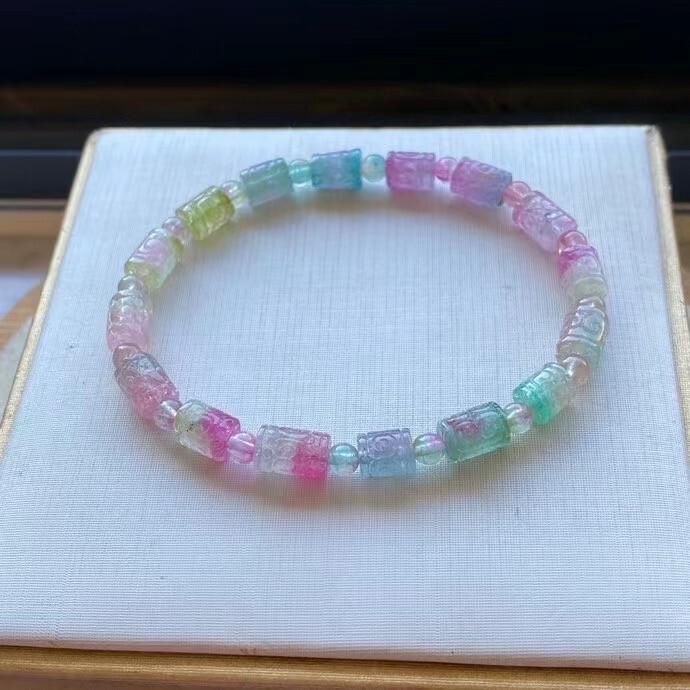 11.5g TOP Natural Rainbow watermelon tourmaline Gemstone Bucket bead bracelet A+