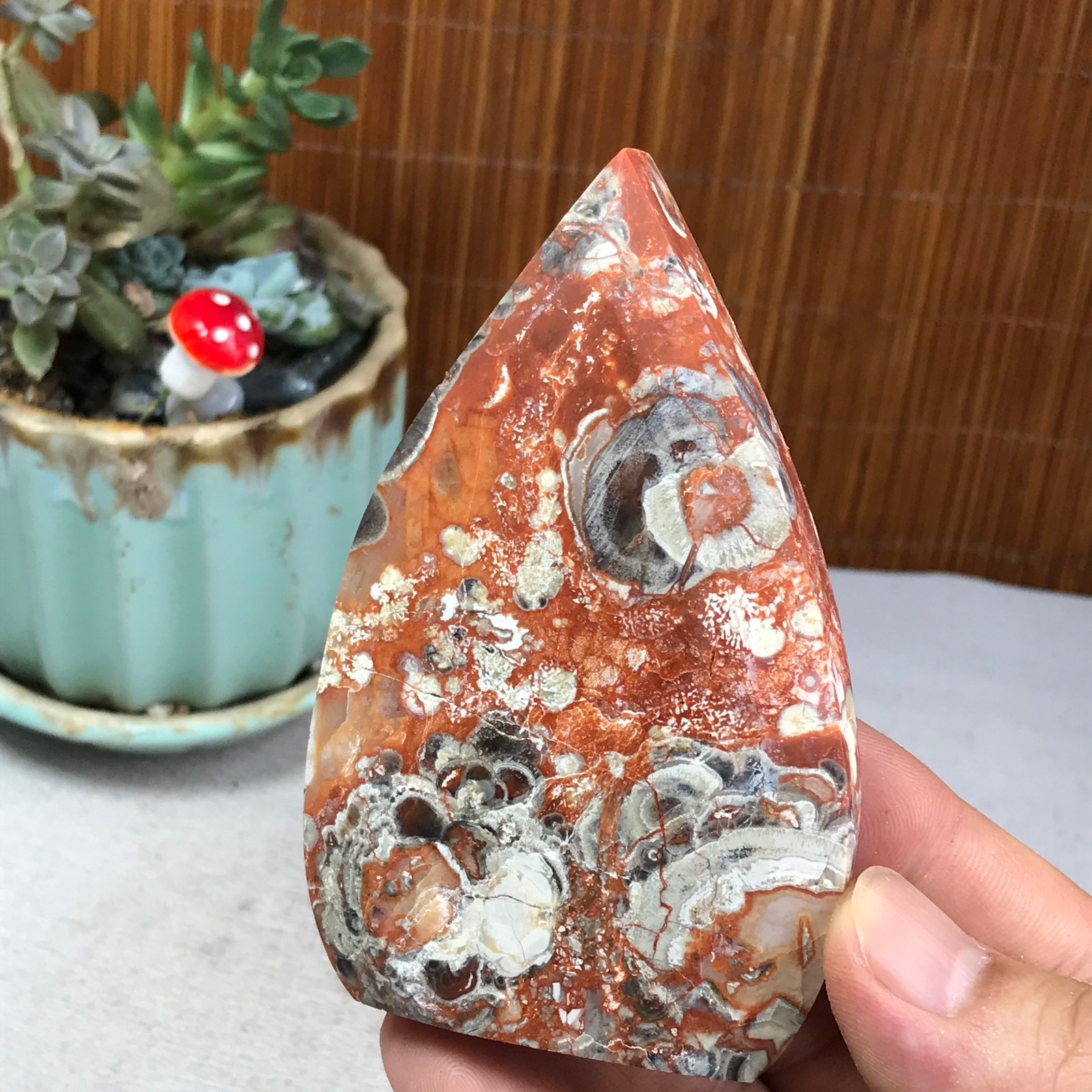Natural money Mexico agate hand carve leaf Crystal Specimen free standing A6256