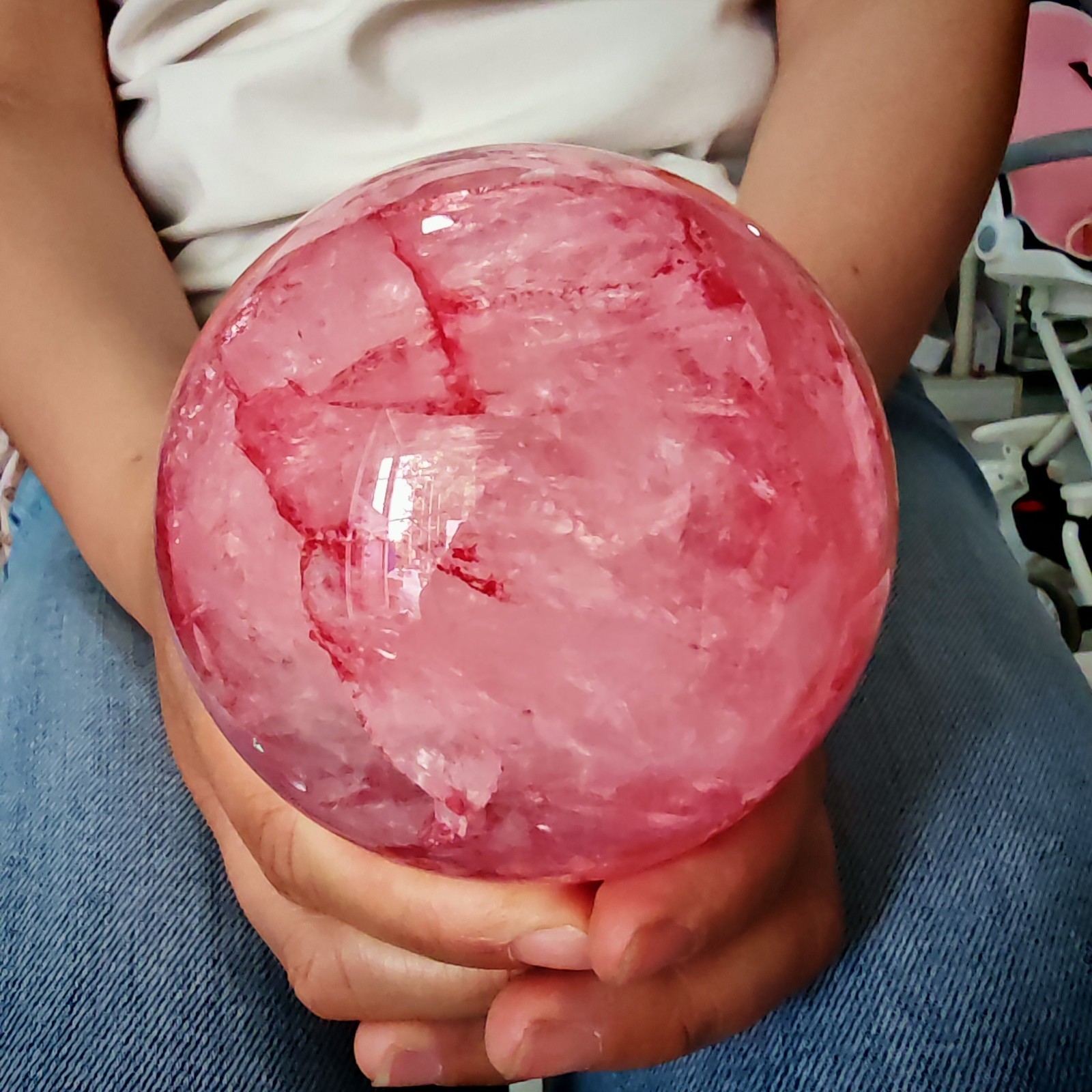 2.42LB TOP Natural Red gum flower quartz ball crystal Hand carved Decorative