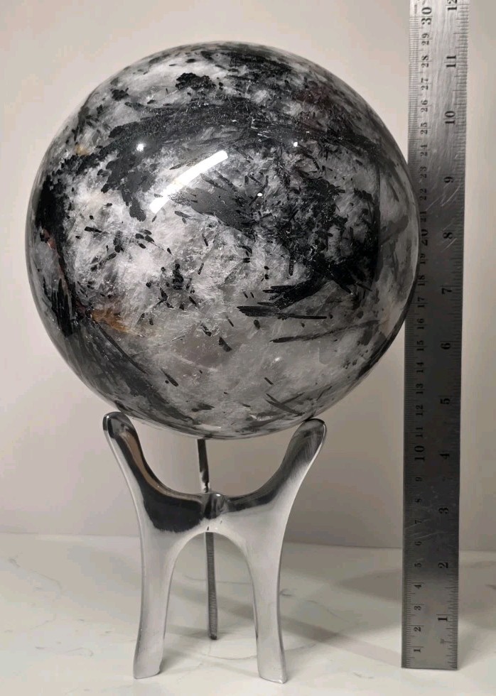 16.8LB 7″ Huge Tourmalinated Quartz Sphere Black Tourmaline Crystal Orb / Stand