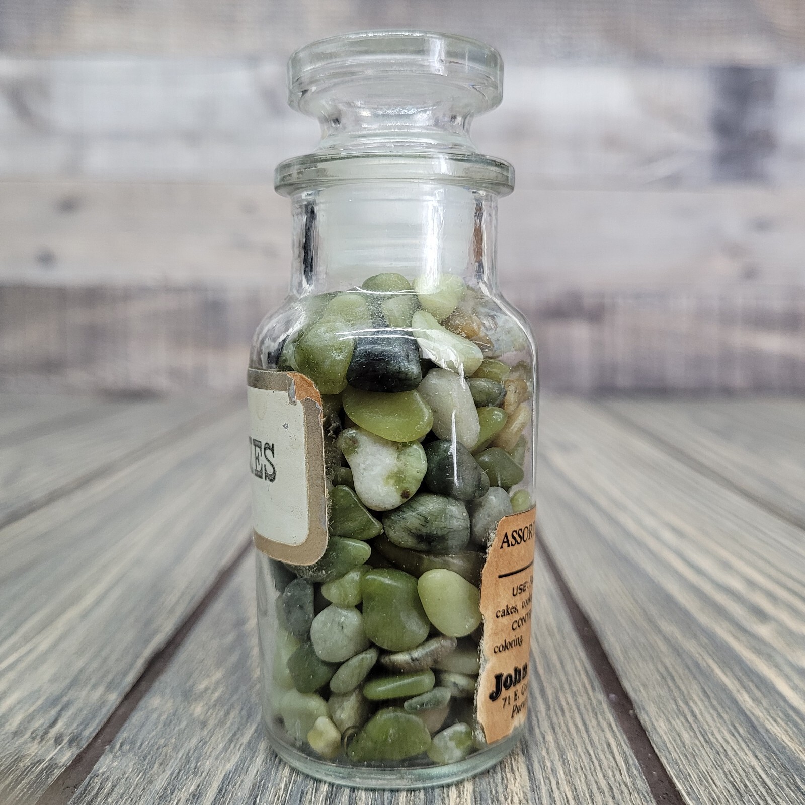 4oz Serpentine Crystal Tumbles in Vintage Apothecary Glass Jar “Fancies” Wagner