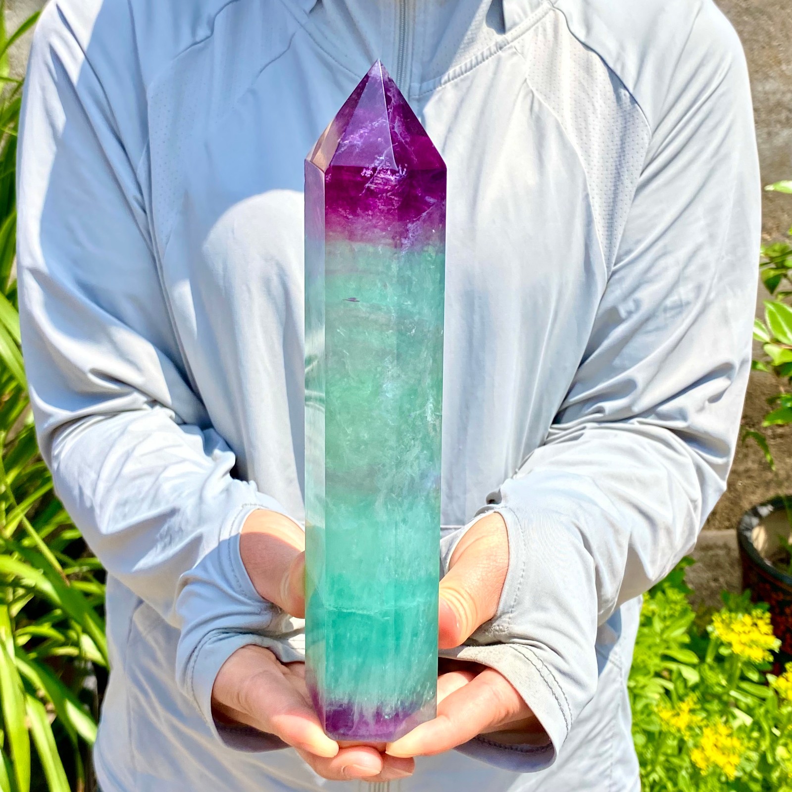2.27LB Natural Rainbow Fluorite Obelisk Quartz Crystal Wand Tower Point Healing