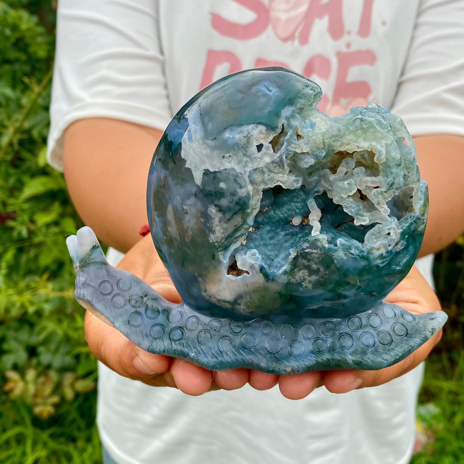 1.4LB Natural Ocean Agate Snail Hand Carving Gemstone Ornament Home Decoration