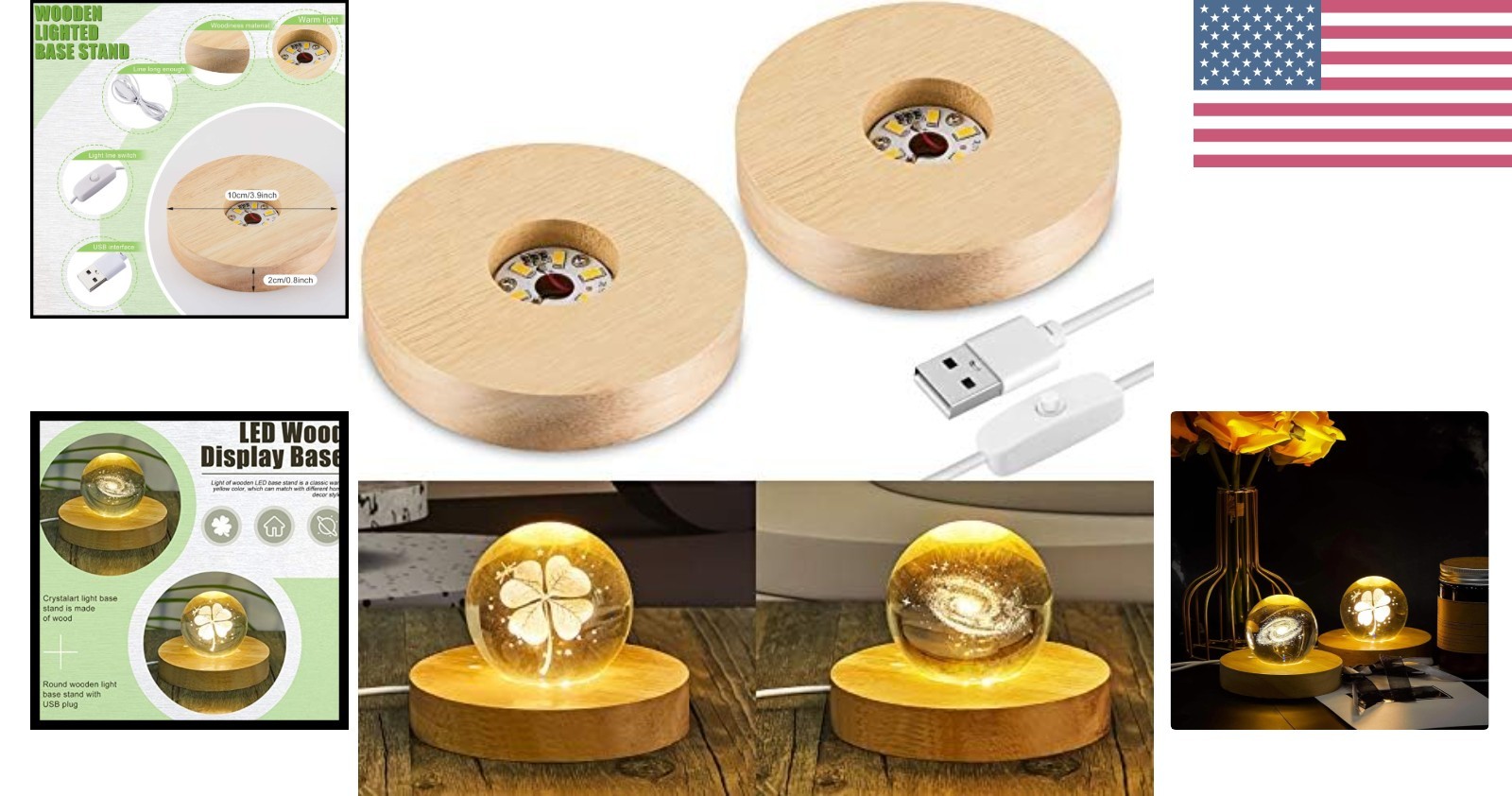 Versatile Wooden Light Display Base with 6 LEDs for Crystal Displays – 2 Count