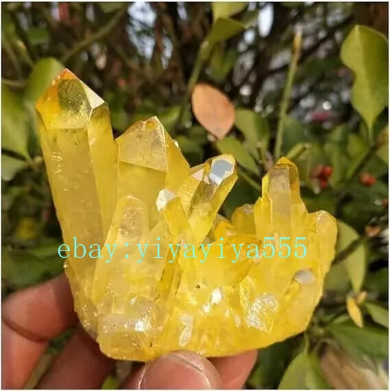 Natural Aura Yellow Citrine Crystal Titanium Cluster Healing Mineral Specimen