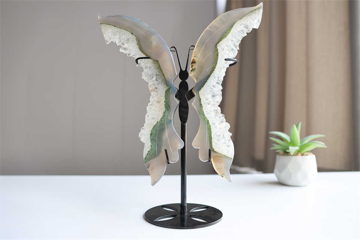 350g Natural Geode Agate Carved Butterfly Wing Reiki Crystal Decor Gift + Stand