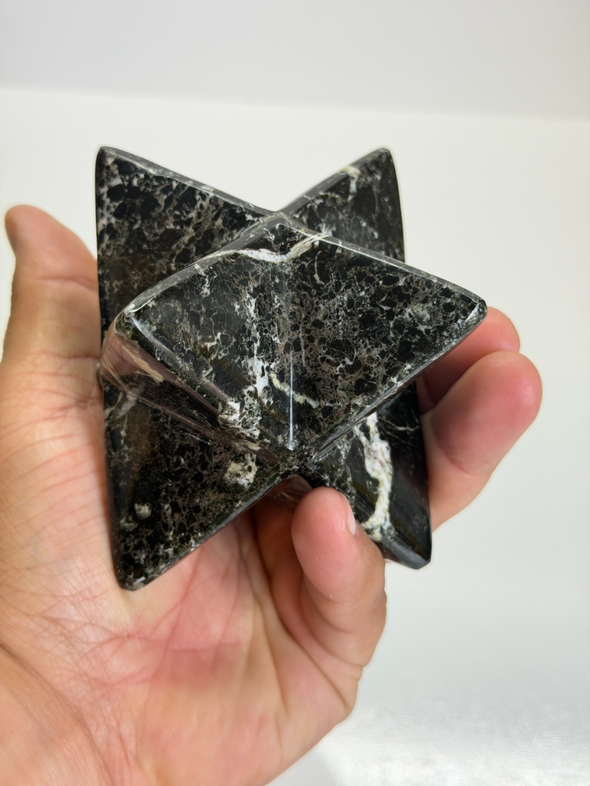 Black Serpentine Merkaba Star Sacred Geometry Crystal Carving 3″ Polished
