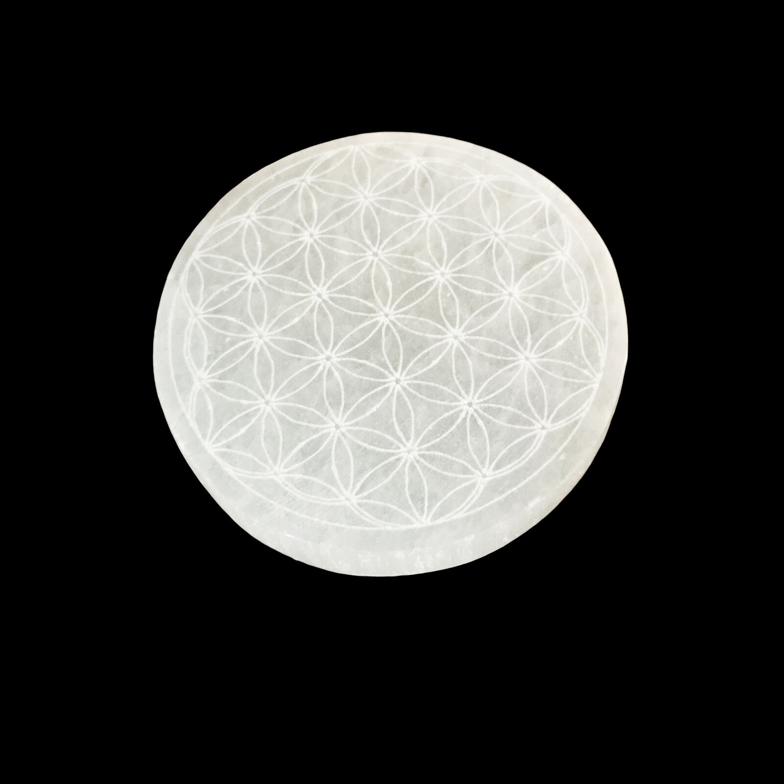 Selenite Crystal Charging Plate 3 ” Sacred Geometry Engraved Circle Disc Reiki
