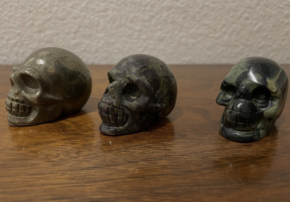 Lot Of (3) Crystal Skulls-Dragon Blood, Pyrite & Kambamba Jasper 2 Inch
