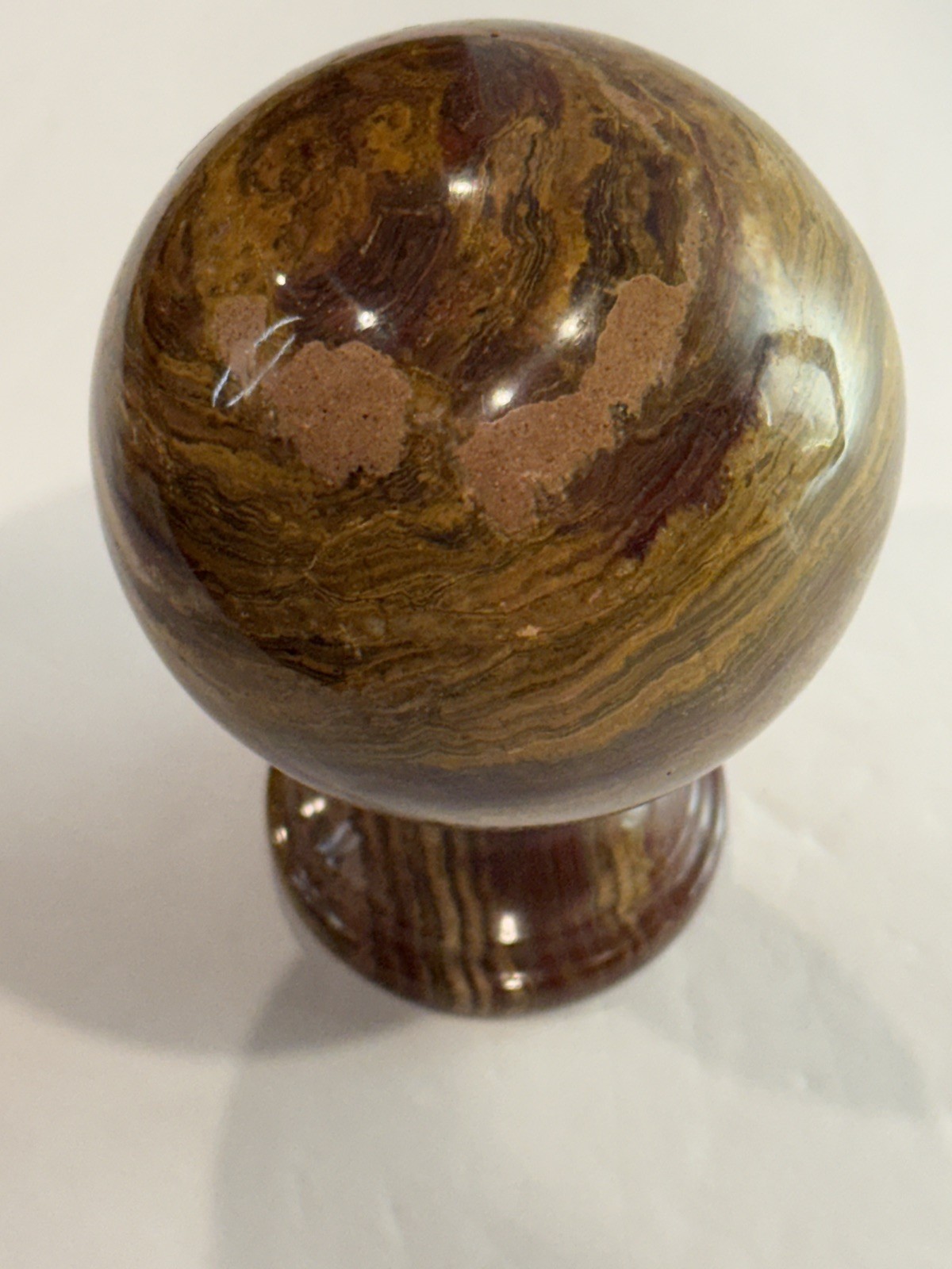 Collector-Grade Banded 🤎 Brown Onyx Sphere on Pedestal • 631g Natural Stone