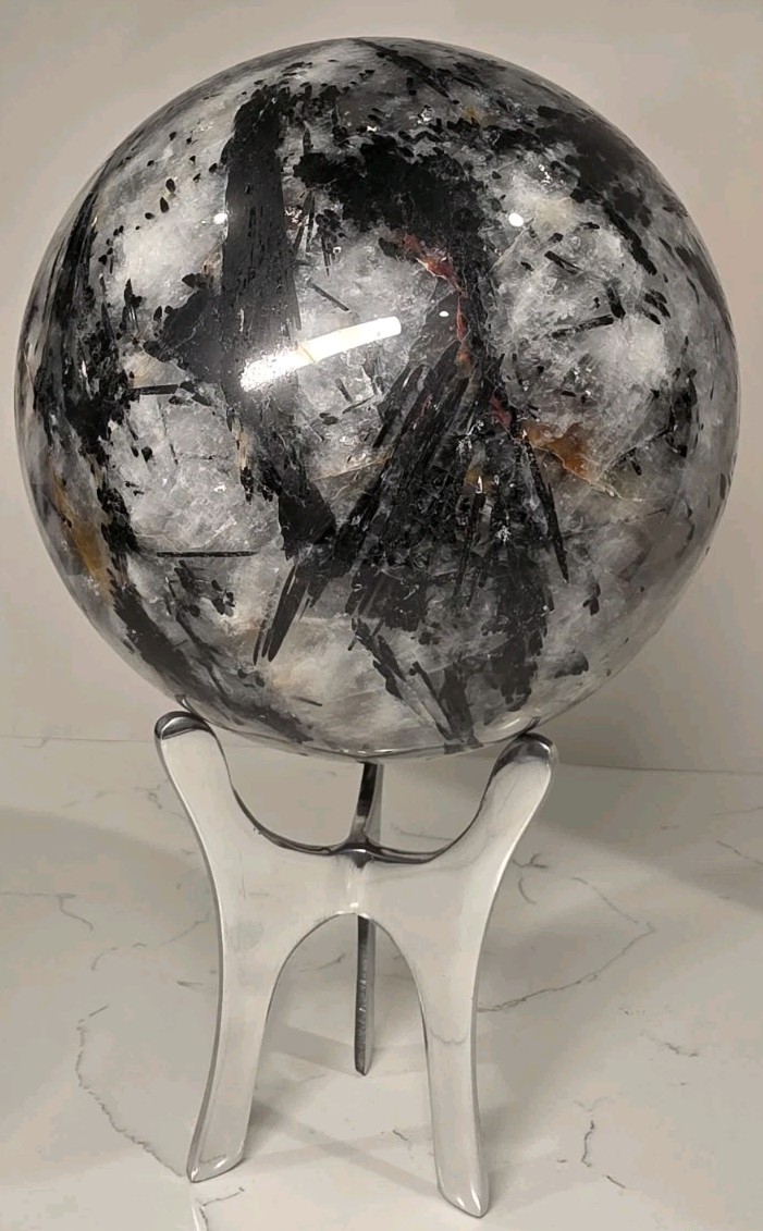 16.8LB 7″ Huge Tourmalinated Quartz Sphere Black Tourmaline Crystal Orb / Stand