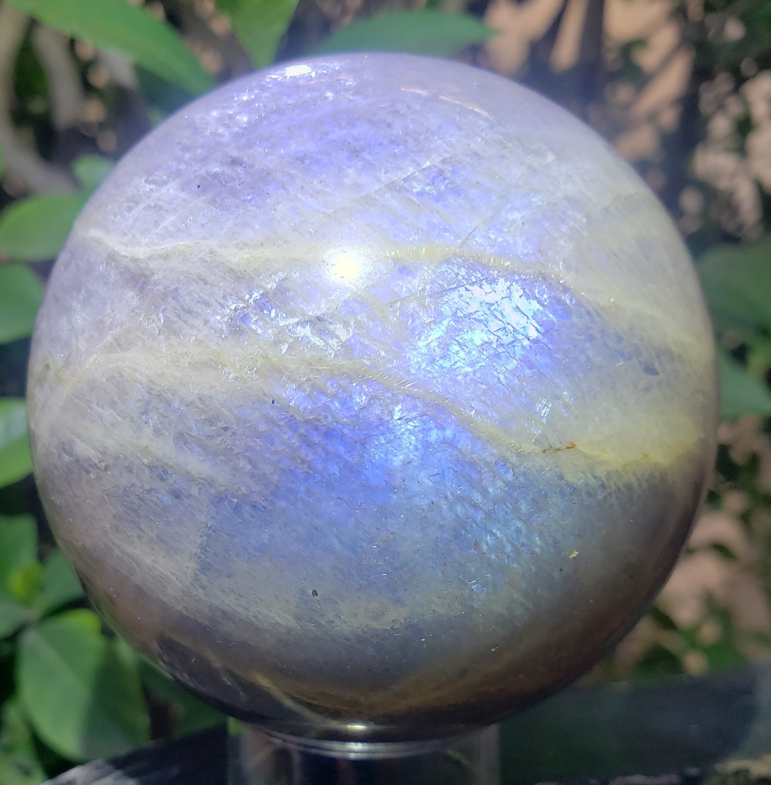 2.9″ Iridescent Black Moonstone Sunstone Sphere, Blue Flash Crystal Orb, 548g